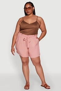 Womens Plus Tie Waist Paper Bag Shorts, Pink,