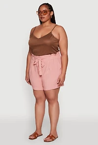 Womens Plus Tie Waist Paper Bag Shorts, Pink,
