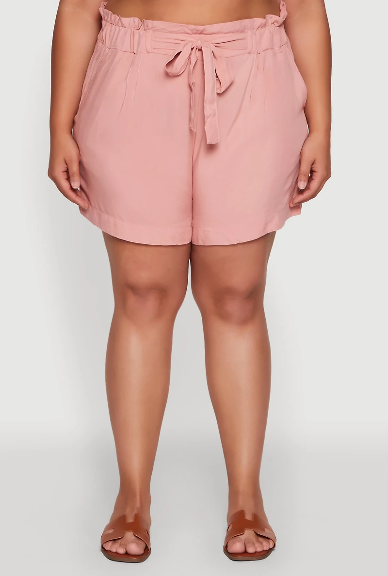 Womens Plus Tie Waist Paper Bag Shorts, Pink,