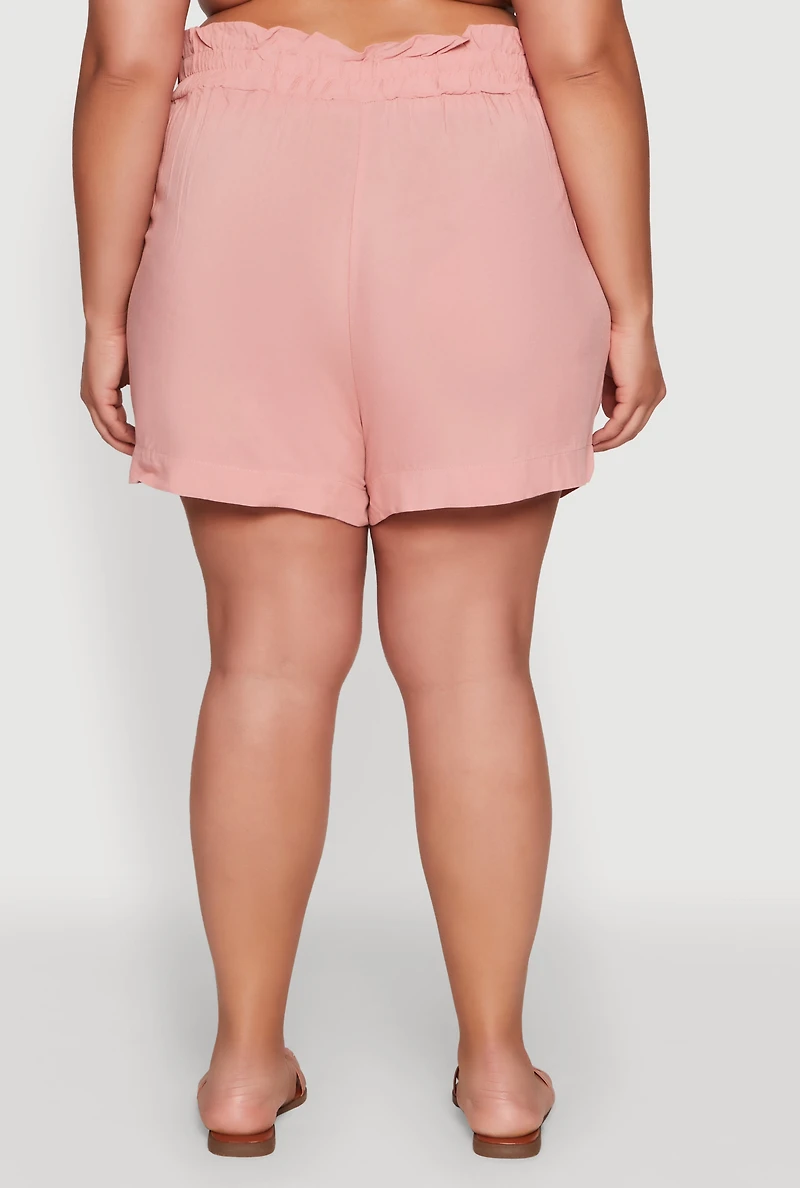 Womens Plus Tie Waist Paper Bag Shorts, Pink,