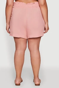 Womens Plus Tie Waist Paper Bag Shorts, Pink,