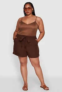 Womens Plus Size Stylish Linen Drawstring Detail Pull On Shorts, Brown, Size 3X