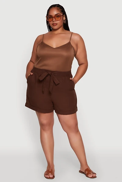 Womens Plus Stylish Linen Drawstring Detail Pull On Shorts, Brown,