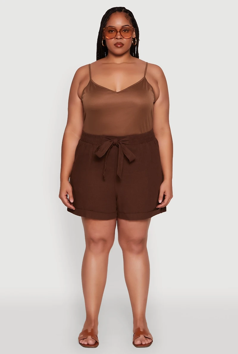 Womens Plus Stylish Linen Drawstring Detail Pull On Shorts, Brown,