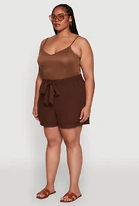 Womens Plus Stylish Linen Drawstring Detail Pull On Shorts, Brown,