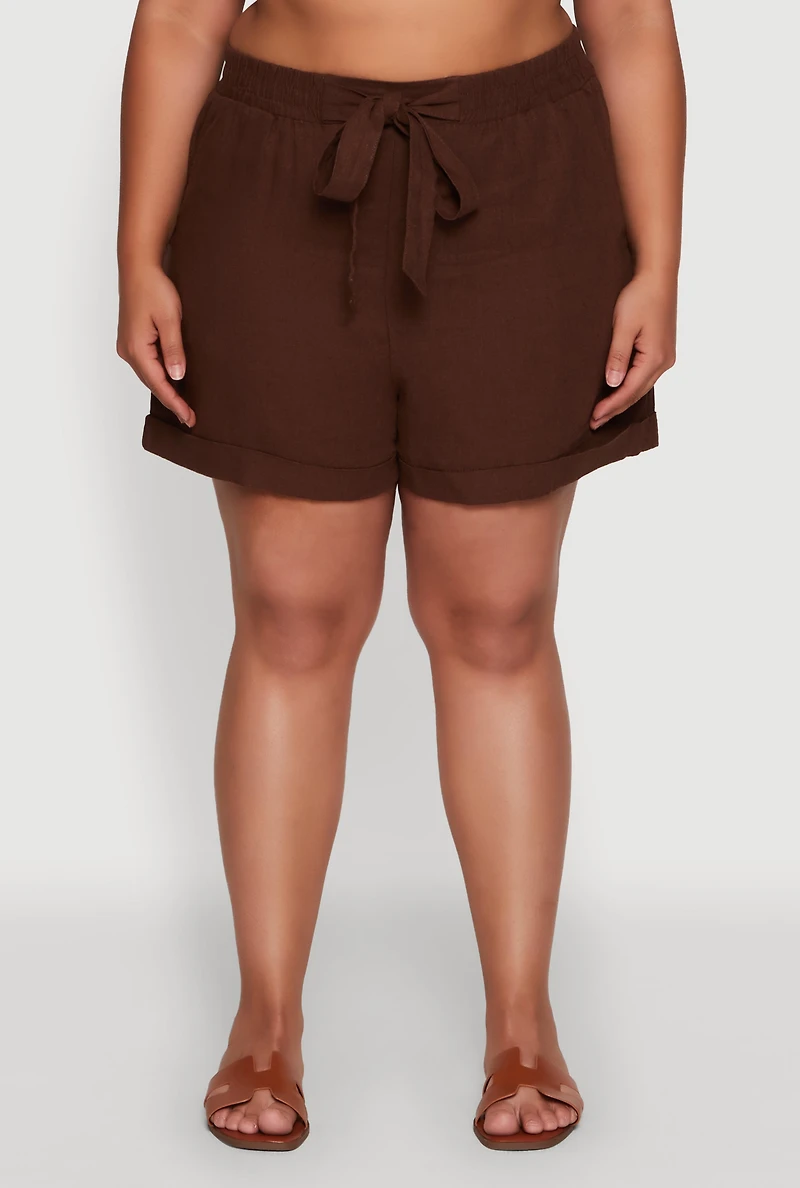 Womens Plus Stylish Linen Drawstring Detail Pull On Shorts, Brown,