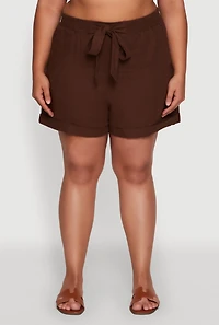 Womens Plus Stylish Linen Drawstring Detail Pull On Shorts, Brown,