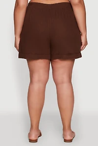 Womens Plus Size Stylish Linen Drawstring Detail Pull On Shorts, Brown, Size 3X