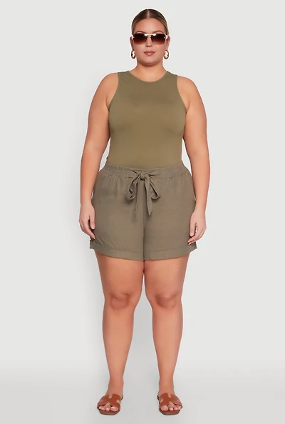 Womens Plus Size Stylish Linen Drawstring Detail Pull On Shorts, Green, Size 1X