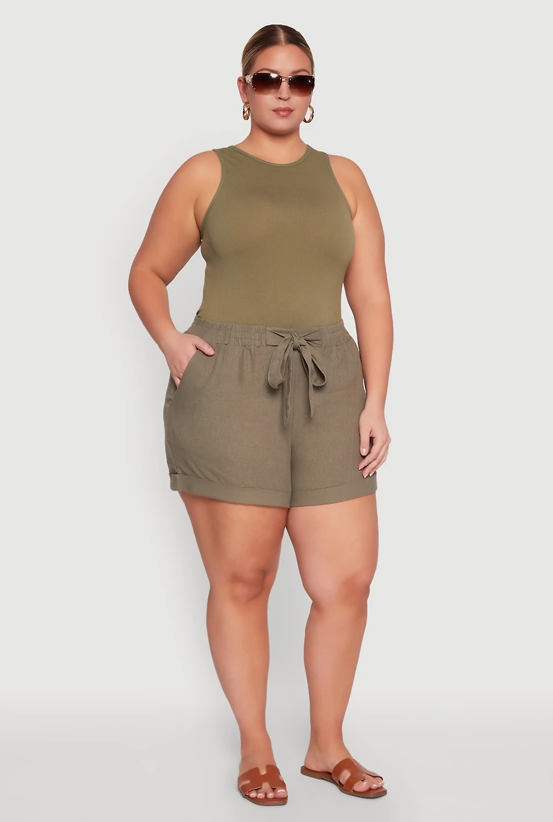 Womens Plus Size Stylish Linen Drawstring Detail Pull On Shorts, Green, Size 3X