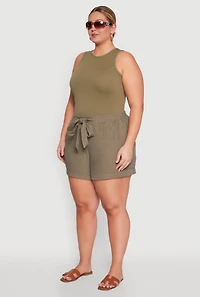 Womens Plus Size Stylish Linen Drawstring Detail Pull On Shorts, Green, Size 1X
