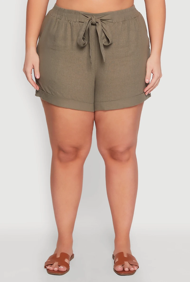 Womens Plus Size Stylish Linen Drawstring Detail Pull On Shorts, Green, Size 1X