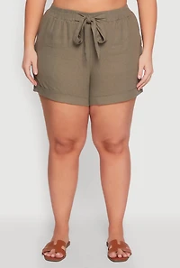 Womens Plus Size Stylish Linen Drawstring Detail Pull On Shorts, Green, Size 1X