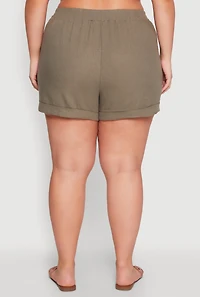 Womens Plus Size Stylish Linen Drawstring Detail Pull On Shorts, Green, Size 1X