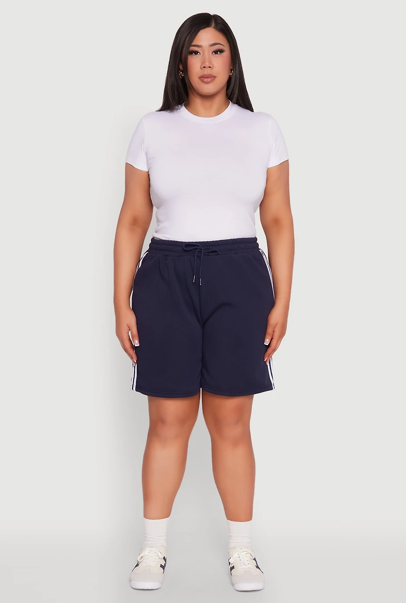Womens Plus Size Varsity Stripe Side Sweatshorts, Blue, Size 1X