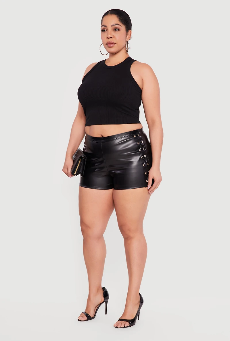 Plus Faux Leather High Waisted Lace Up Shorts