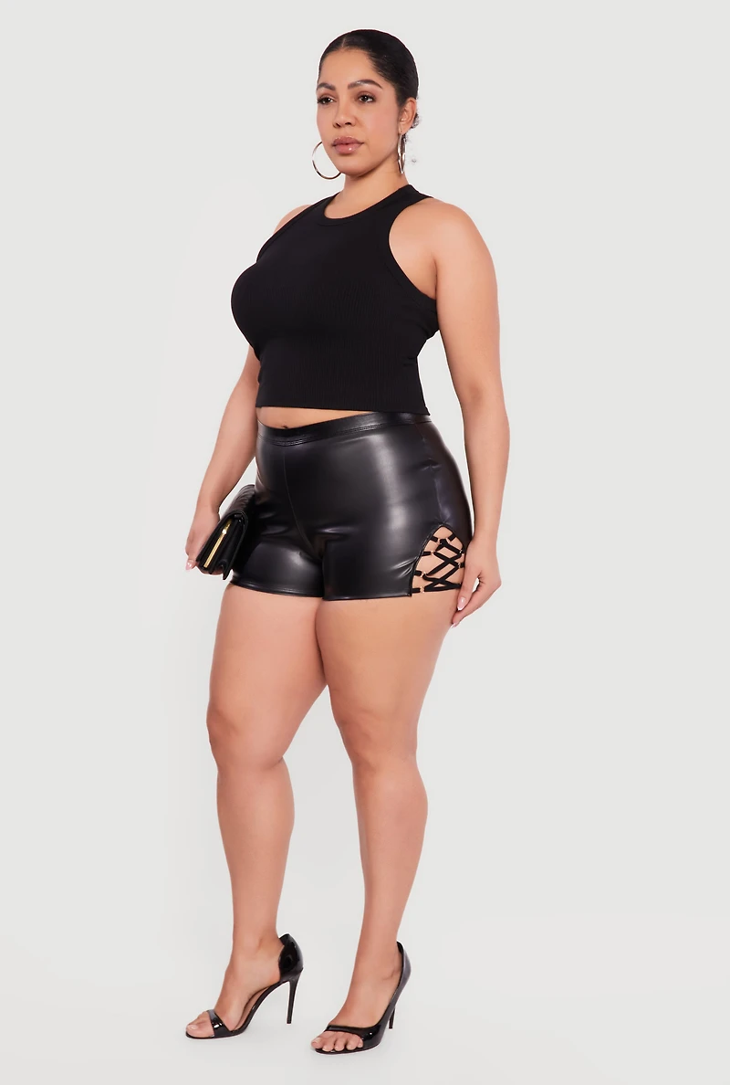 Plus Side Caged Faux Leather Shorts