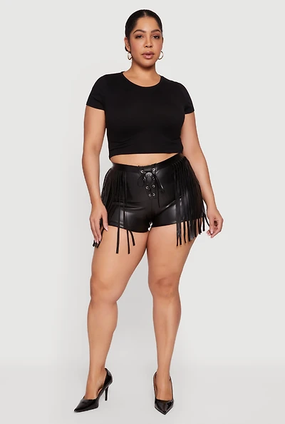 Plus Faux Leather Lace Up Front Fringe Side Shorts