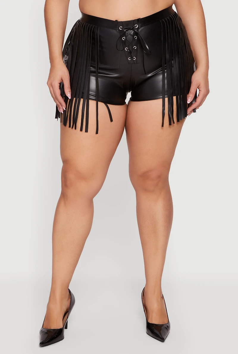 Plus Faux Leather Lace Up Front Fringe Side Shorts