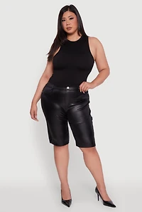 Womens Plus Size High Waisted Leather Look Shorts, Black, Size 1X