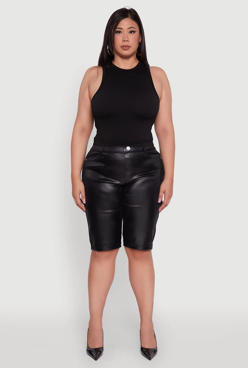 Womens Plus Size High Waisted Leather Look Shorts, Black, Size 1X