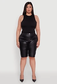 Womens Plus Size High Waisted Leather Look Shorts, Black, Size 1X
