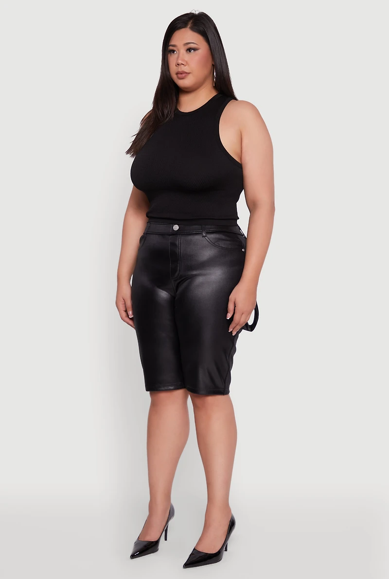 Womens Plus Size High Waisted Leather Look Shorts, Black, Size 1X