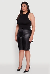Womens Plus Size High Waisted Leather Look Shorts, Black, Size 1X