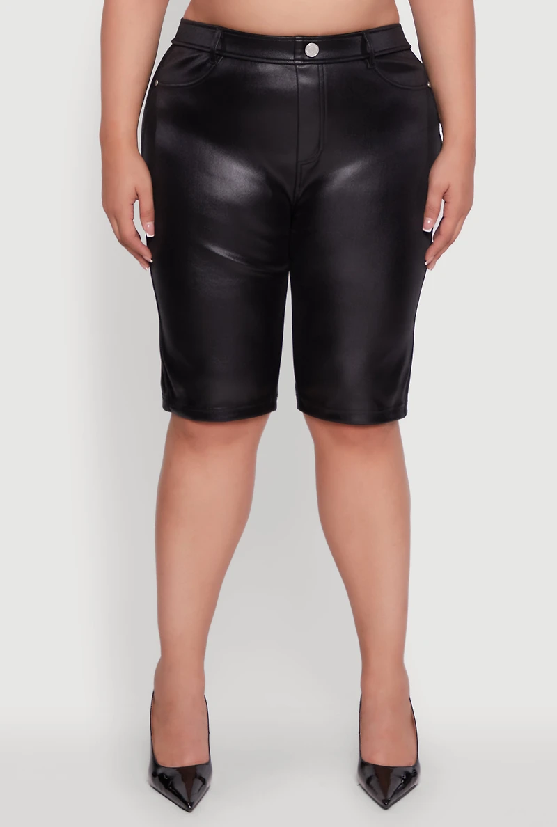 Womens Plus Size High Waisted Leather Look Shorts, Black, Size 1X