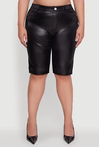 Womens Plus Size High Waisted Leather Look Shorts, Black, Size 1X