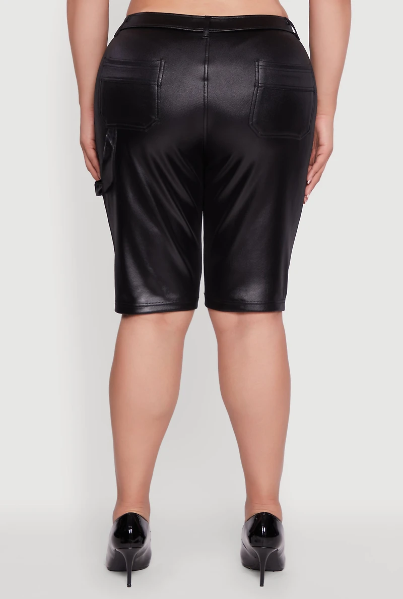 Womens Plus Size High Waisted Leather Look Shorts, Black, Size 1X