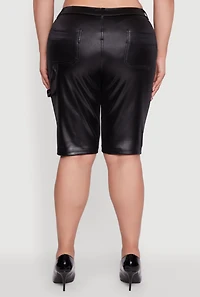 Womens Plus Size High Waisted Leather Look Shorts, Black, Size 1X