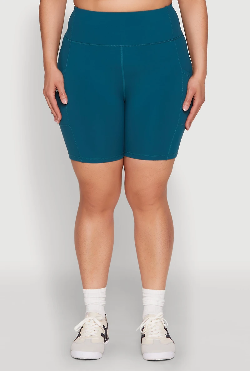 Womens Plus Size Cell Phone Pocket Snatched Bike Shorts, Blue, Size 3X