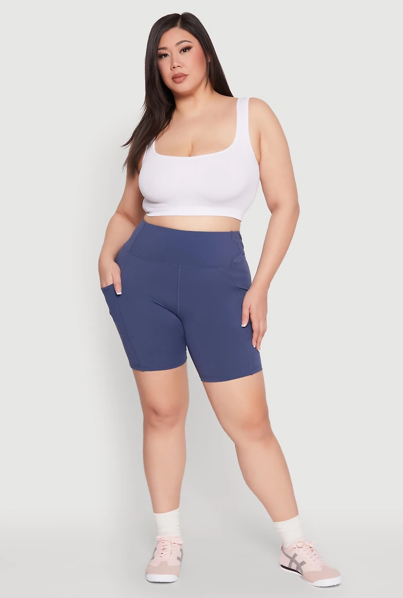 Womens Plus Cell Phone Pocket Snatched Bike Shorts, Blue,