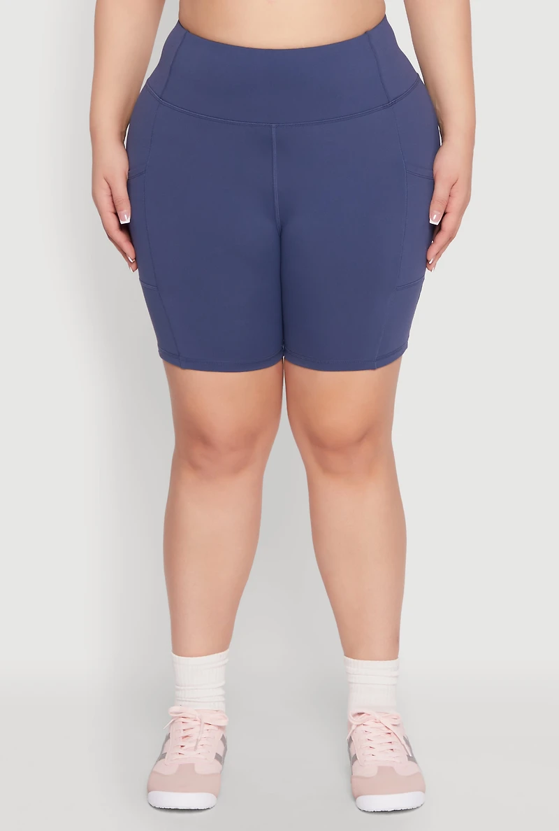 Womens Plus Cell Phone Pocket Snatched Bike Shorts, Blue,