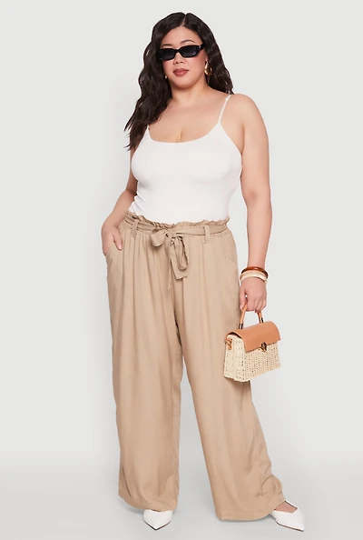 Womens Plus Size Paper Bag Waist Belted Pants, Khaki, Size 2X