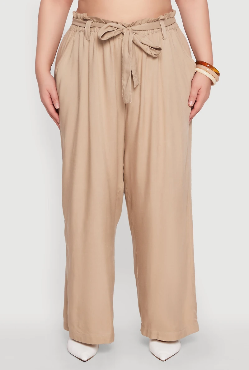 Womens Plus Paper Bag Waist Belted Pants, Khaki,