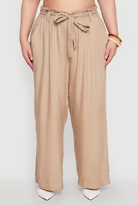 Womens Plus Paper Bag Waist Belted Pants, Khaki,