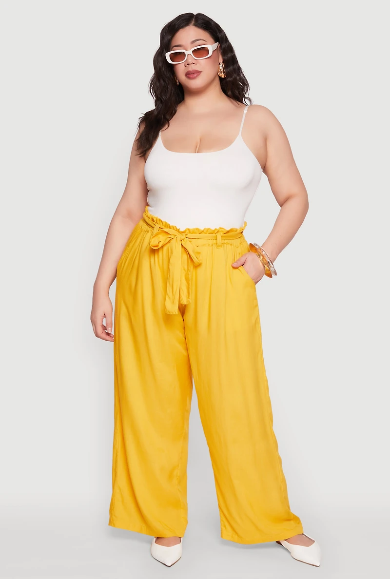 Womens Plus Size Paper Bag Waist Belted Pants, Yellow, Size 2X