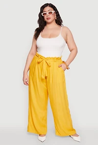 Womens Plus Size Paper Bag Waist Belted Pants, Yellow, Size 2X
