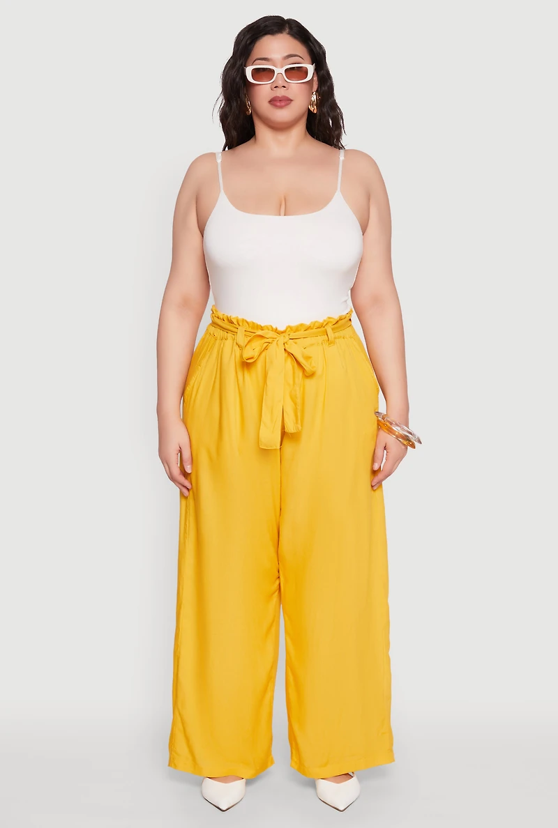 Womens Plus Size Paper Bag Waist Belted Pants, Yellow, Size 2X