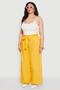 Womens Plus Size Paper Bag Waist Belted Pants, Yellow, Size 2X