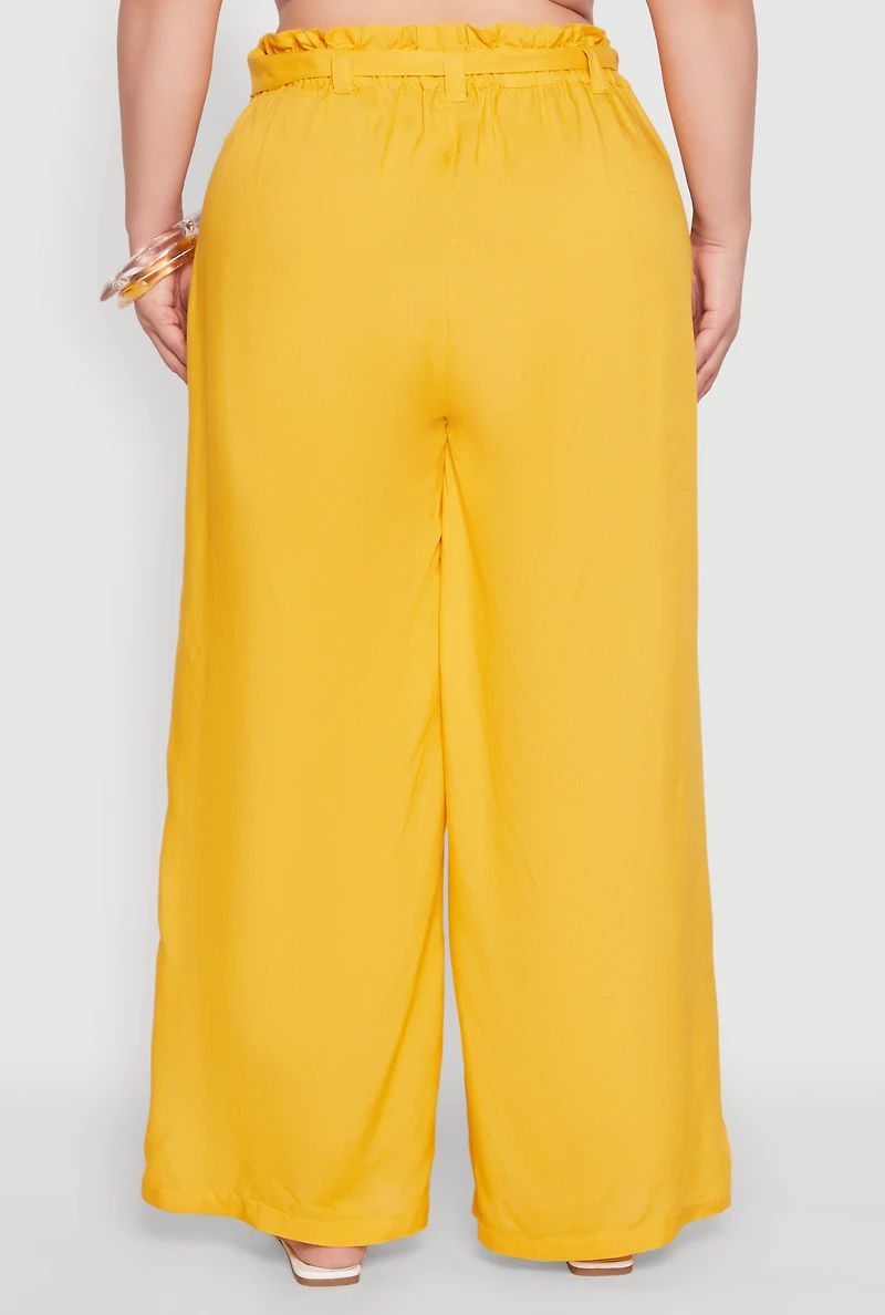 Womens Plus Size Paper Bag Waist Belted Pants, Yellow, Size 2X