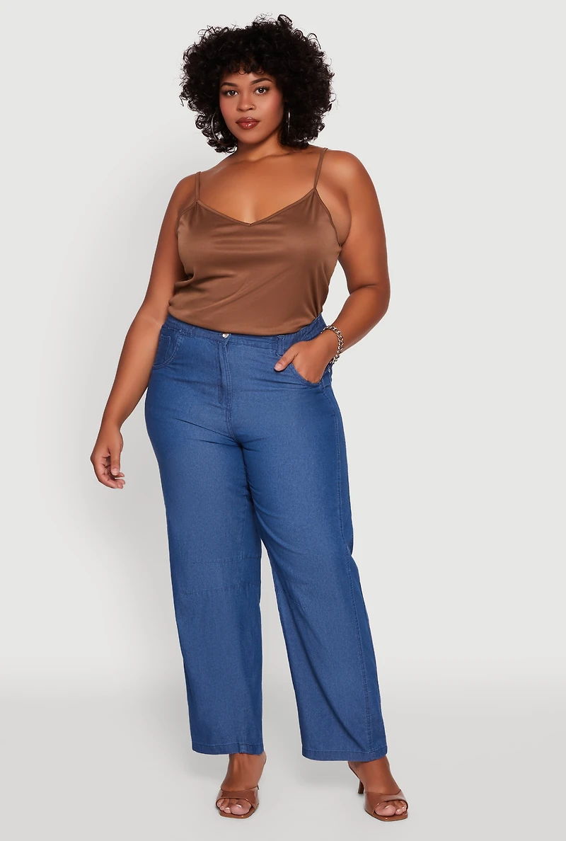 Womens Plus Size Chambray Decorative Stitch Casual Pants, Blue, Size 1X