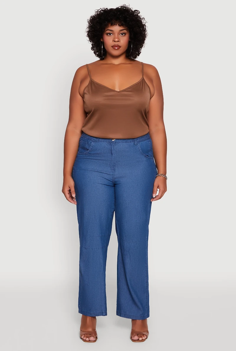 Womens Plus Size Chambray Decorative Stitch Casual Pants, Blue, Size 2X