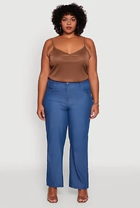 Womens Plus Size Chambray Decorative Stitch Casual Pants, Blue, Size 2X