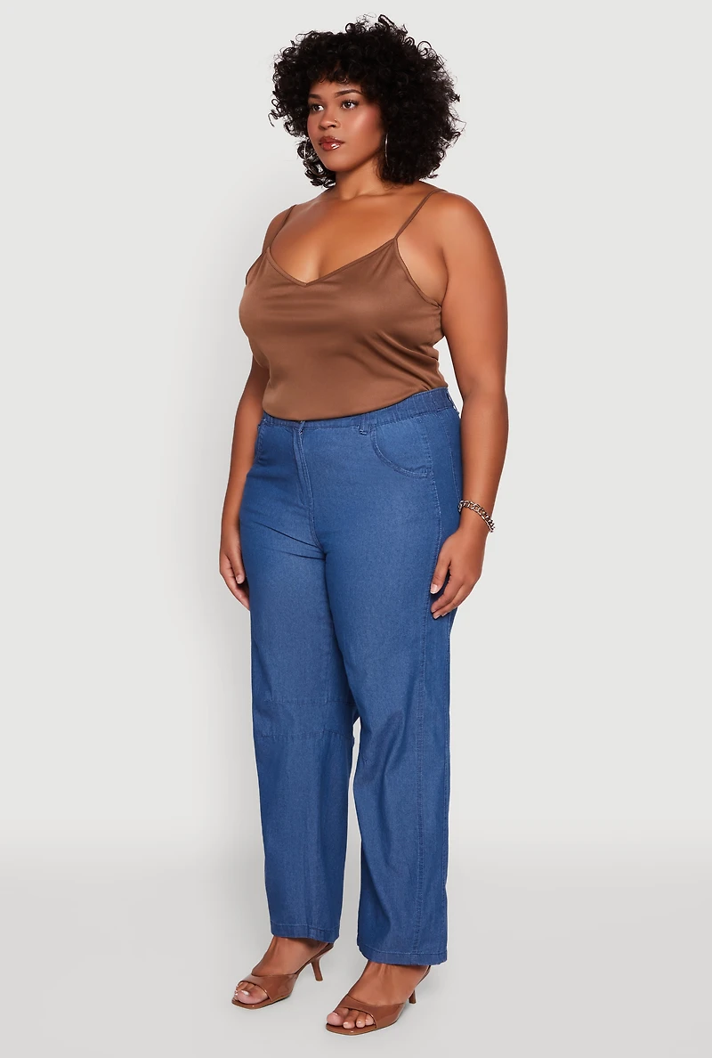 Womens Plus Size Chambray Decorative Stitch Casual Pants, Blue, Size 1X