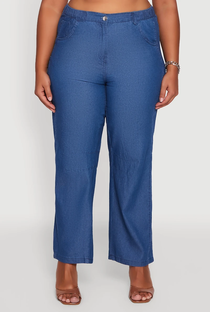 Womens Plus Size Chambray Decorative Stitch Casual Pants, Blue, Size 2X