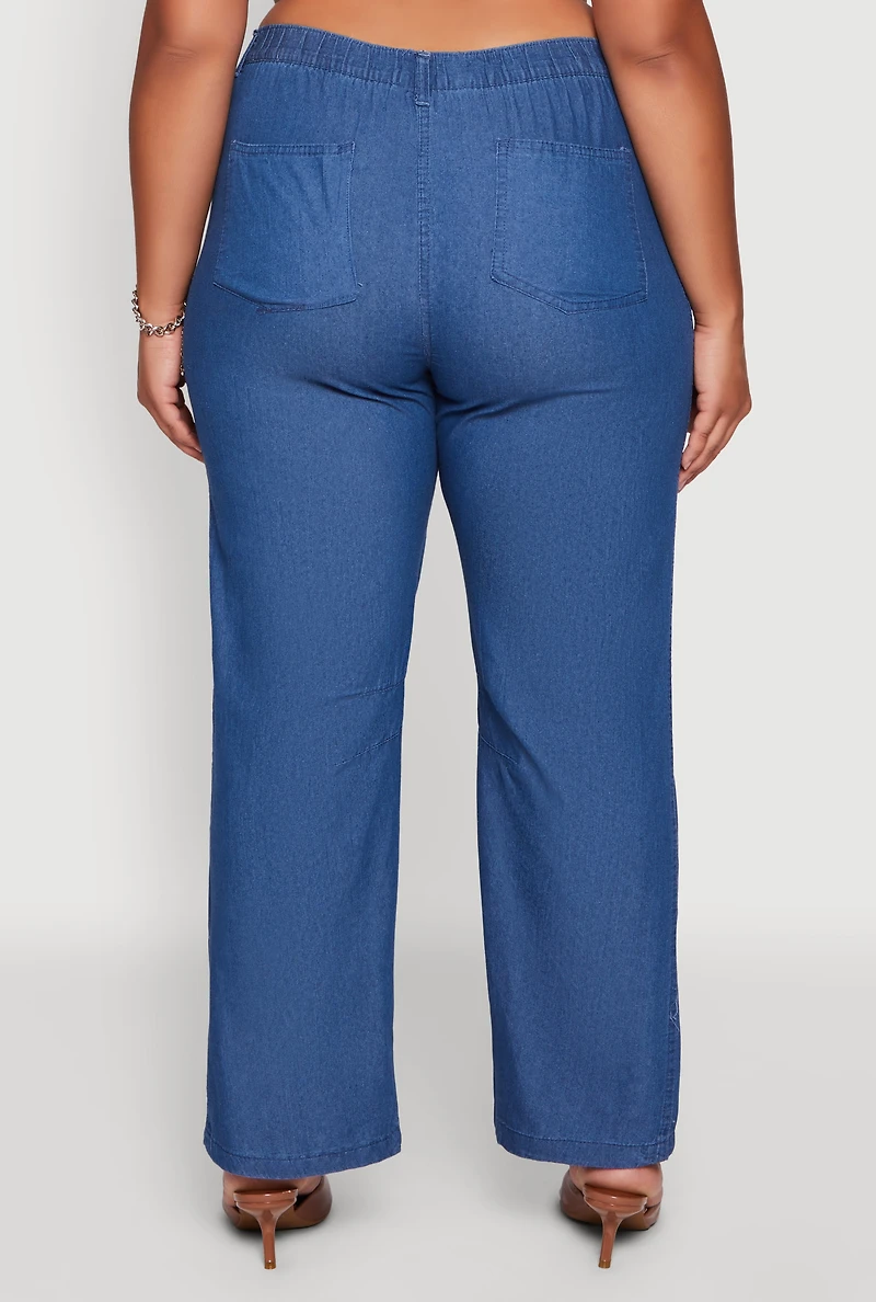 Womens Plus Size Chambray Decorative Stitch Casual Pants, Blue, Size 2X