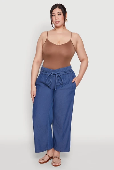 Womens Plus Size Chambray Tie Waist Belted Pants, Blue, Size 3X